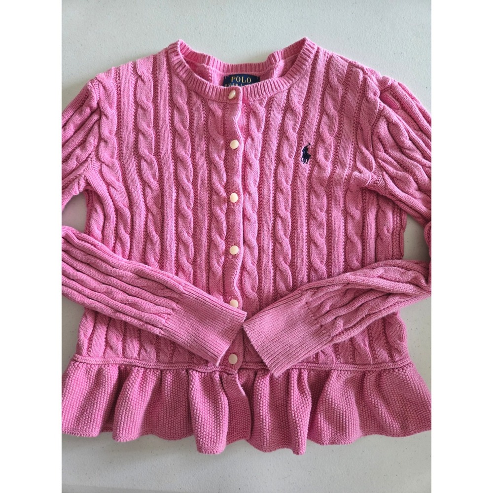 Polo Ralph Lauren Girls 8-10 Cardigan Pink Cable Knit Peplum Ruffle Sweater - Picture 7 of 7